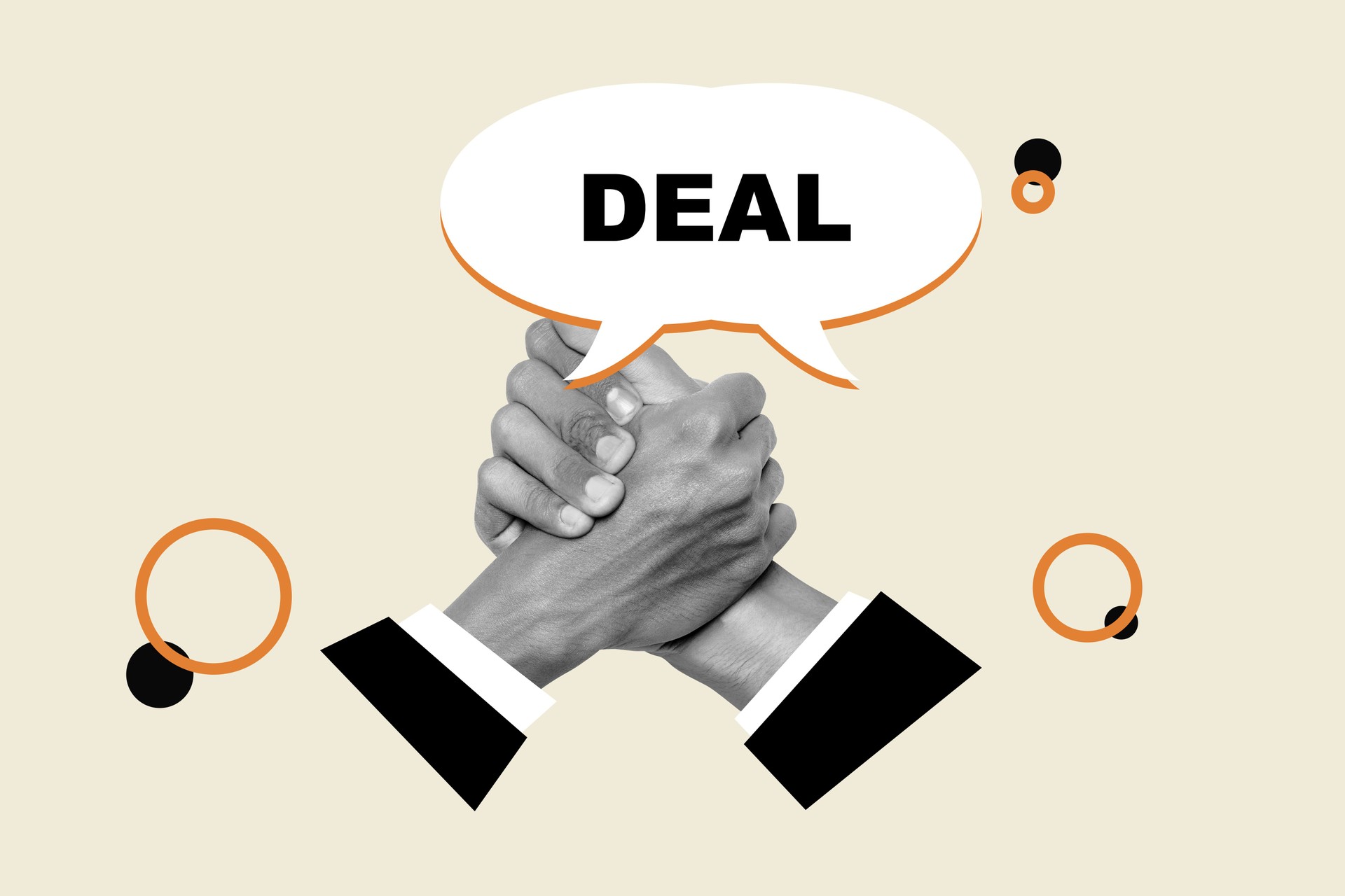 Two business hands with a shaking hand gesture with the text of the deal on a speech bubble with a colored background. Collage art of deal welcome