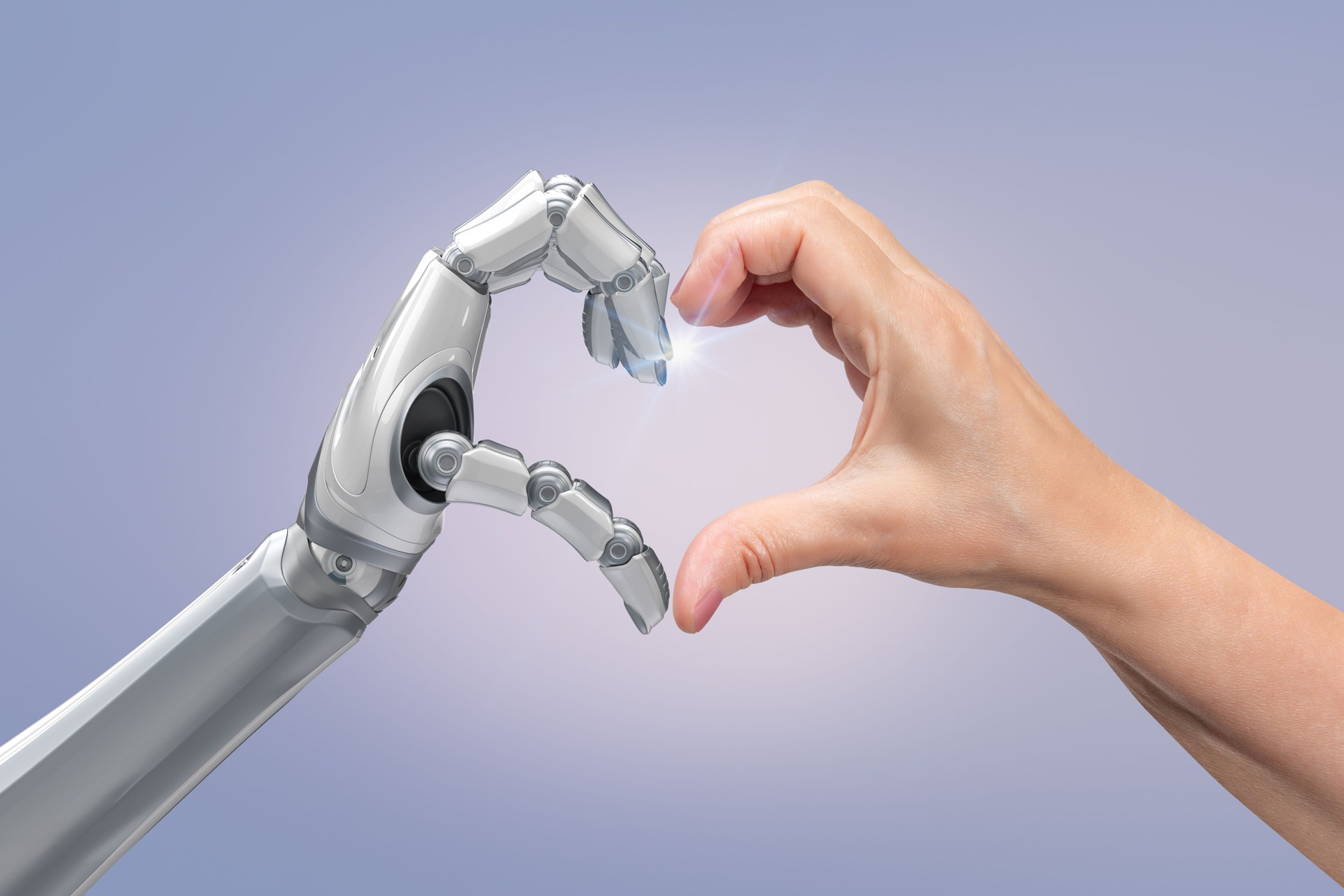 Robotic hand with human hand makes heart shape together