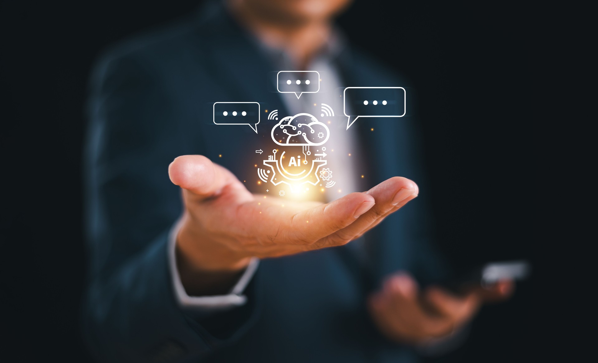 Ai chat, artificial intelligence network communication concept. Businessman use website on smartphone app, software technology robot, help support work, chatbot, digital generate, data analysis tech