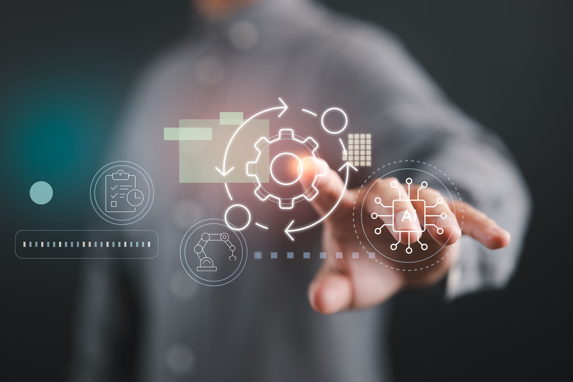 Touching automation icons for AI-powered workflow and process optimization.